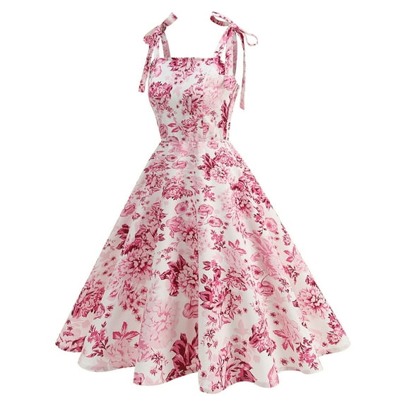 BLTIBY Womens Dresses 2025 Sleeveless Spring Summer Mini Dress Square Neck Strap Pleated Printed Casual Fashion Vacation Swing Dresses Pink M