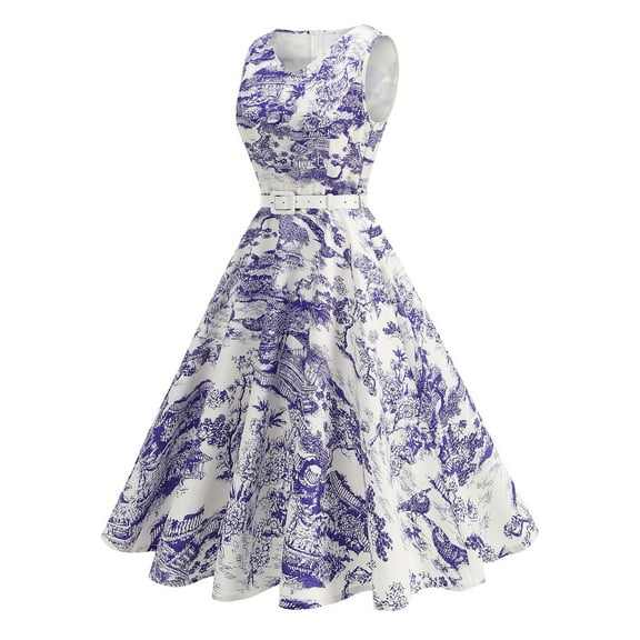 BLTIBY Womens Dresses 2025 Sleeveless Spring Summer Mini Dress V Neck Pleated Printed Casual Fashion Vacation Swing Dresses With Belt Purple L