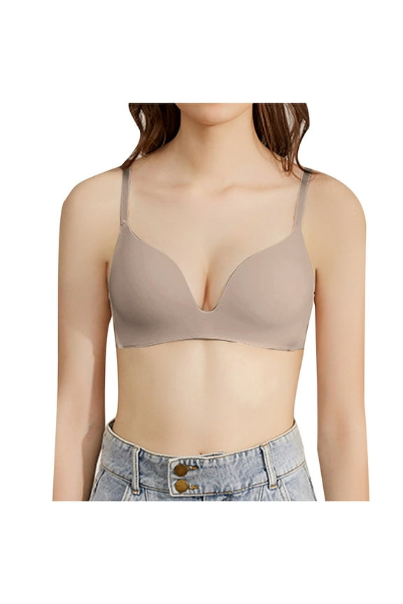 Womens Everyday Bras Push Up Comfortable Wireless Bralettes V Neck Seamless Bra Smooth Brassiere Wire Free Basic Bras Coffee M