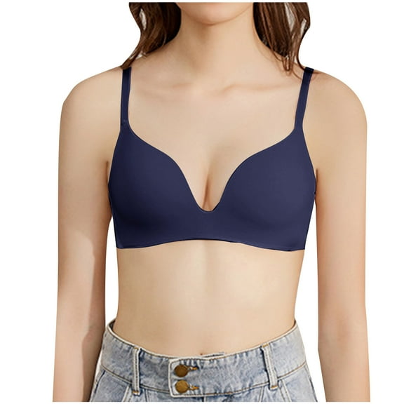BLTIBY Womens Everyday Bras Push Up Comfortable Wireless Bralettes V Neck Seamless Bra Smooth Brassiere Wire Free Basic Bras Navy L