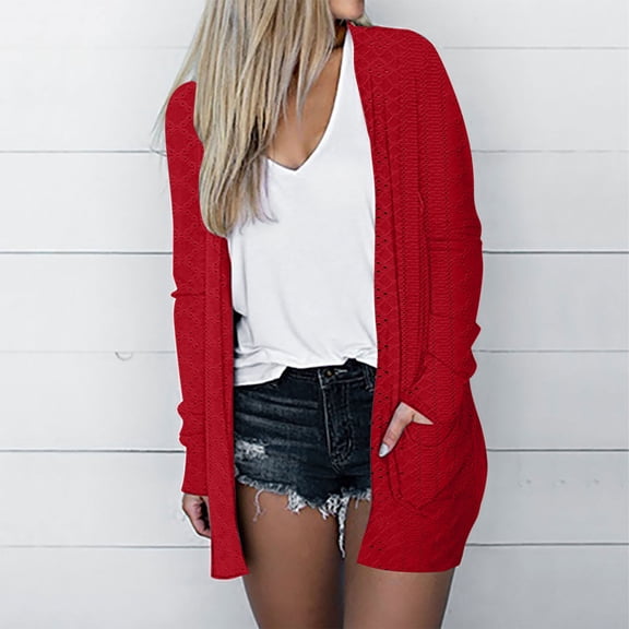 BLTIBY Womens Fall Fashion Cardigan Lightweight Soft Solid Color Open Front Jacket Soft Coat with Pockets Red S