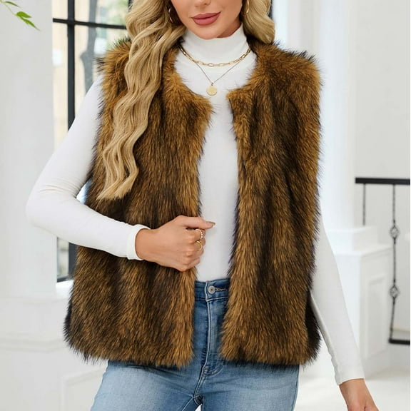 BLTIBY Womens Faux Fur Cardigan Vest Fall Winter Crewneck Sleeveless Open Front Top Fuzzy Coat Fluffy Jacket Windproof Warm Soft Yellow M