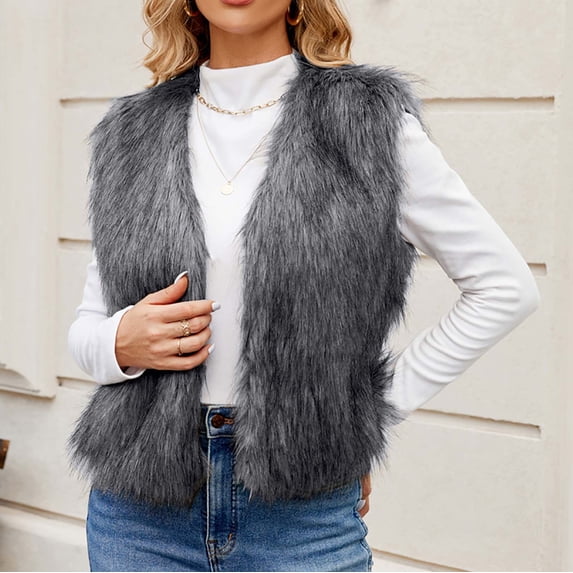 BLTIBY Womens Faux Fur Cardigan Vest Fall Winter Long Sleeveless Open Front Top Fuzzy Coat Fluffy Jacket Windproof Warm Soft Dark Gray 2 XXL