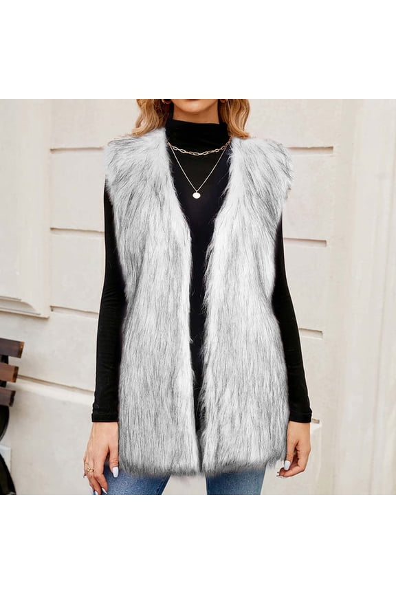 Womens Faux Fur Cardigan Vest Fall Winter Long Sleeveless Open Front Top Fuzzy Coat Fluffy Jacket Windproof Warm Soft Gray L