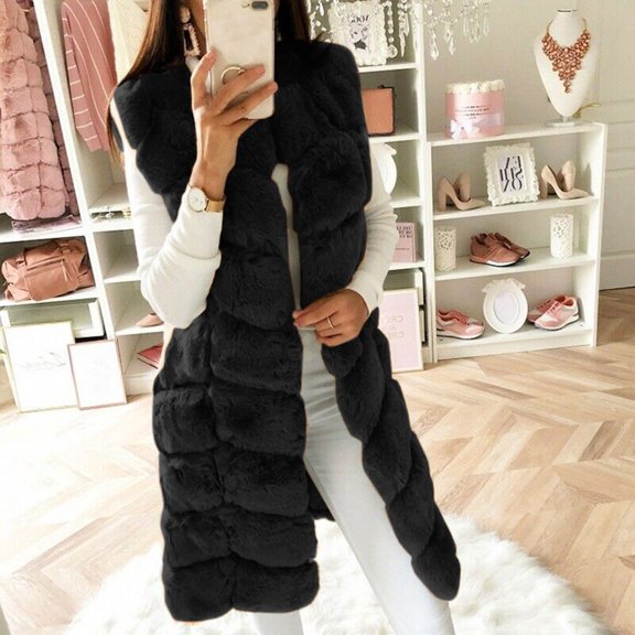 BLTIBY Women's Faux Fur Jacket Sherpa Fleece Sleeveless Cardigan Casual Jackets Open Front Warm Fluffy Coat Comfortable Outwear Black S