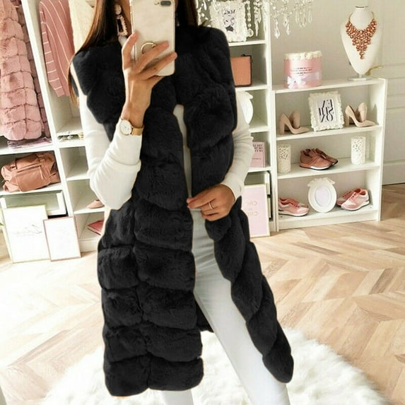 BLTIBY Womens Faux Fur Vest Jacket Fall Winter Coats Solid Color Fleece Thick Sleeveless Shaggy Warm Long Outerwear with Pockets Fashion Clothes Black XXL