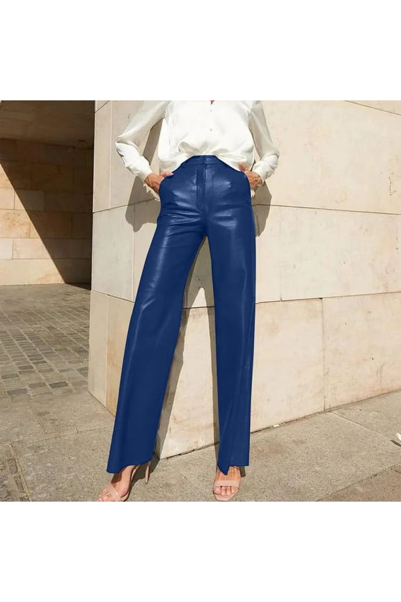 Womens Faux Leather Pants Solid Color High Waist Straight Leg Leggings Bottom Slim Fit Retro Flare Pants with Pockets Blue M