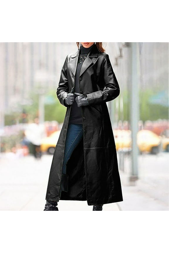 Womens Faux Leather Trench Coat Solid Color Fashion Zip Up Motocycle Long Jacket Windbreaker Slim Fit Autumn Winter OverCoat Black XL