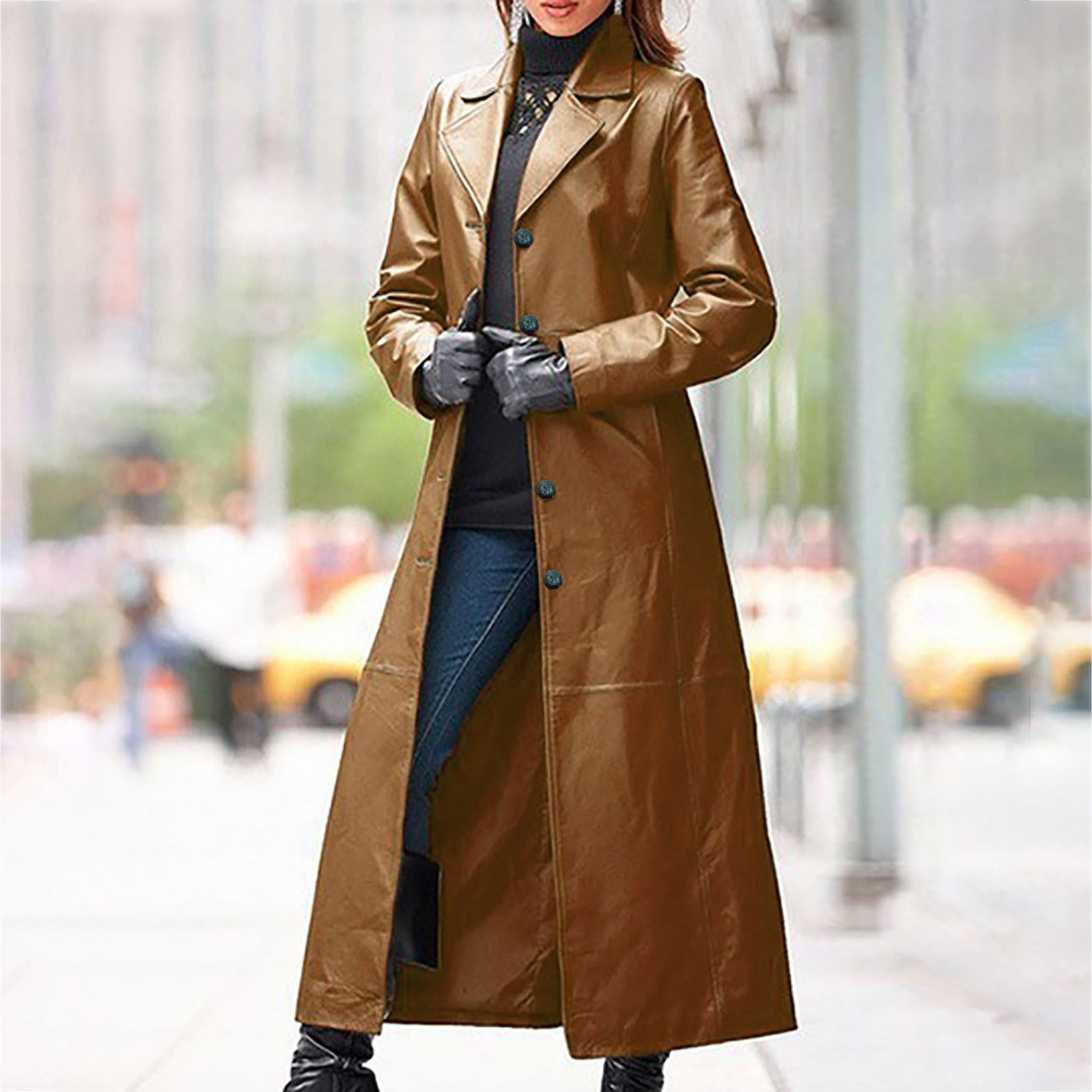 BLTIBY Womens Faux Leather Trench Coat Solid Color Fashion Zip Up
