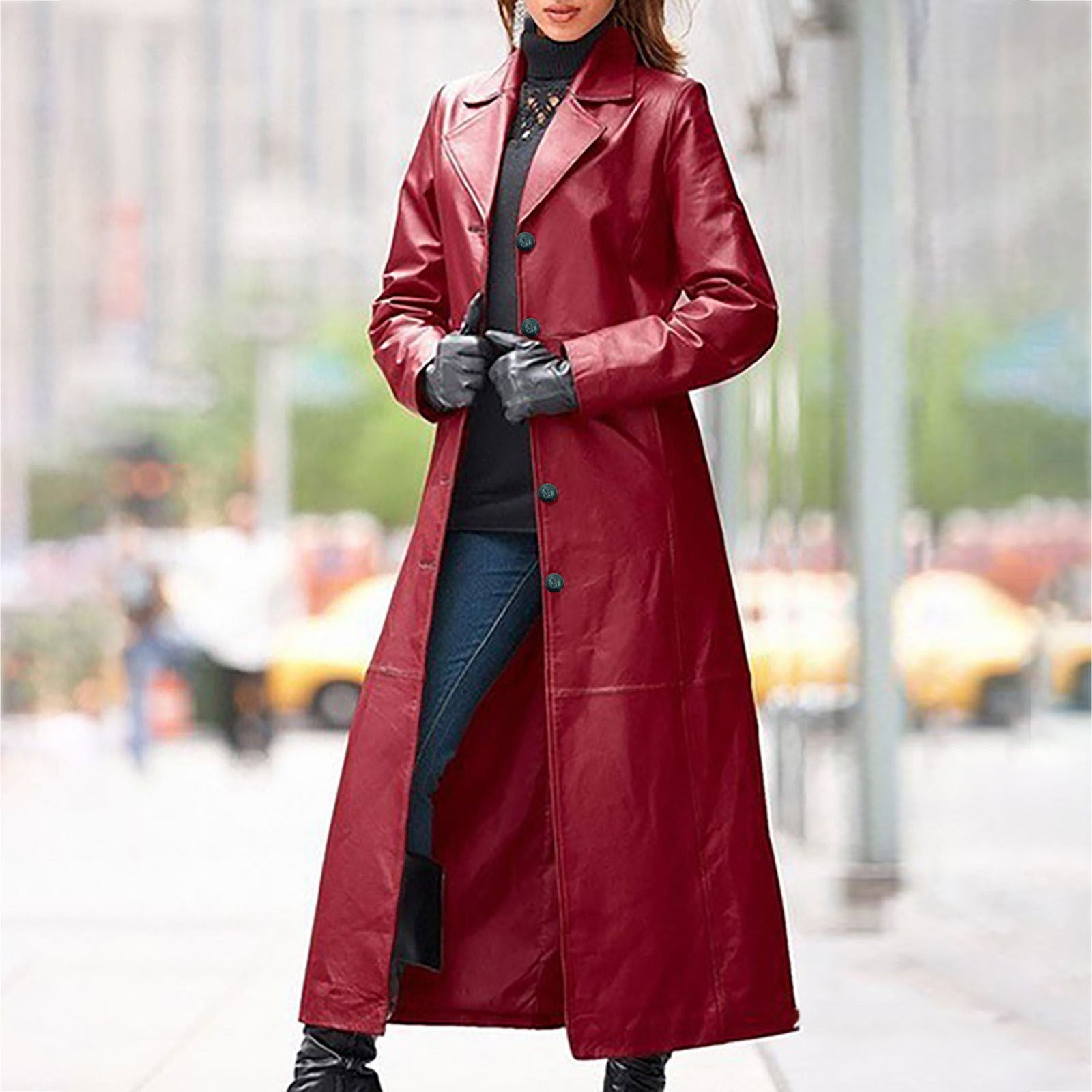 Plus-Size Long Leather-Style Windbreaker ladies trench coat BYMANYC New York.