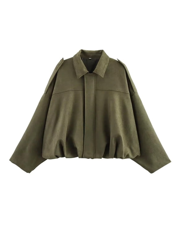 Womens Faux Suede Bomber Jacket Oversized Zip Up Batwing Sleeve Pleated Pilot Coat Casual Fashion Fall Cropped Outerwear Army Green S