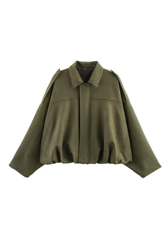 Womens Faux Suede Bomber Jacket Oversized Zip Up Batwing Sleeve Pleated Pilot Coat Casual Fashion Fall Cropped Outerwear Army Green S