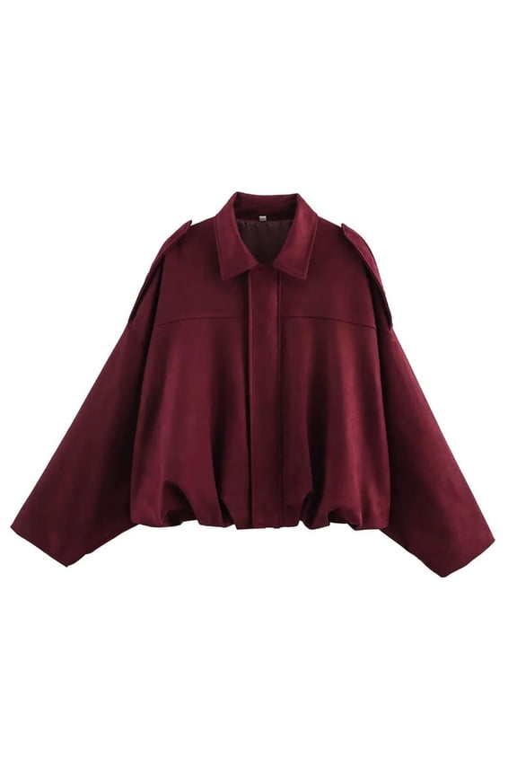 Womens Faux Suede Bomber Jacket Oversized Zip Up Batwing Sleeve Pleated Pilot Coat Casual Fashion Fall Cropped Outerwear Wine S