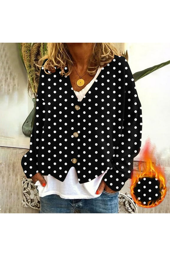 Womens Flannel Cardigan Jacket Polkadot Button Down V Neck Fall Sweaters Open Front Warm Casual Sweater Coat Black L