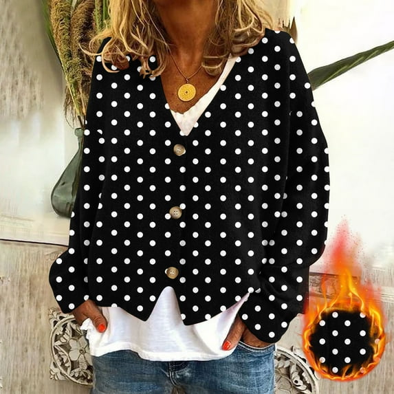 BLTIBY Womens Flannel Cardigan Jacket Polkadot Button Down V Neck Fall Sweaters Open Front Warm Casual Sweater Coat Black XXL