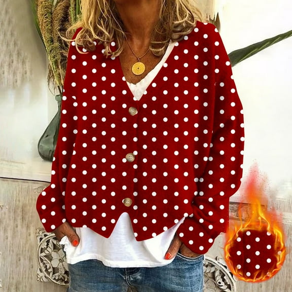 BLTIBY Womens Flannel Cardigan Jacket Polkadot Button Down V Neck Fall Sweaters Open Front Warm Casual Sweater Coat Red XXL