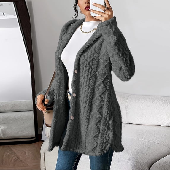 BLTIBY Womens Fleece Jacket Casual Button Up Fuzzy Hooded Long Sleeve Cardigan Sweaters Warm Fleece Coat Outerwear Dark Gray M