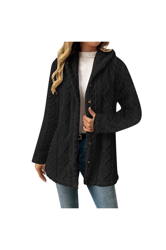 Womens Fleece Jacket Casual Button Up Fuzzy Hooded Long Sleeve Cardigan Tops Warm Fleece Coat Outerwear Black XXL
