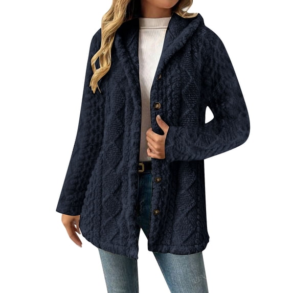BLTIBY Womens Fleece Jacket Casual Button Up Fuzzy Hooded Long Sleeve Cardigan Tops Warm Fleece Coat Outerwear Navy L