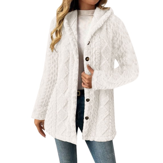 BLTIBY Womens Fleece Jacket Casual Button Up Fuzzy Hooded Long Sleeve Cardigan Tops Warm Fleece Coat Outerwear White S