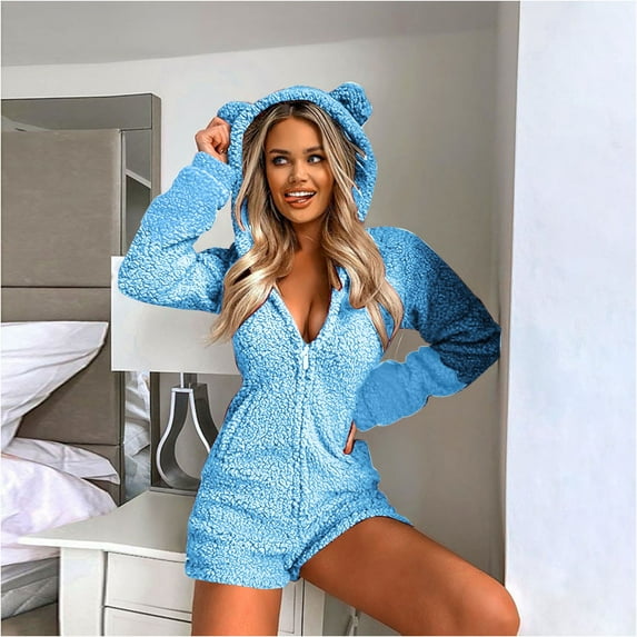 BLTIBY Womens Fleece Onesies Pajamas Jumpsuit Warm Sherpa Romper Short Sleepwear One Piece Zipper Hooded Playsuit Loungewear Sky Blue XL