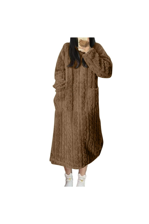 Womens Fleece Robe Plush Long Sleeve Bathrobe with Pockets Warm Soft Pullover Bathrobes Fashion Comfortable Coffee M