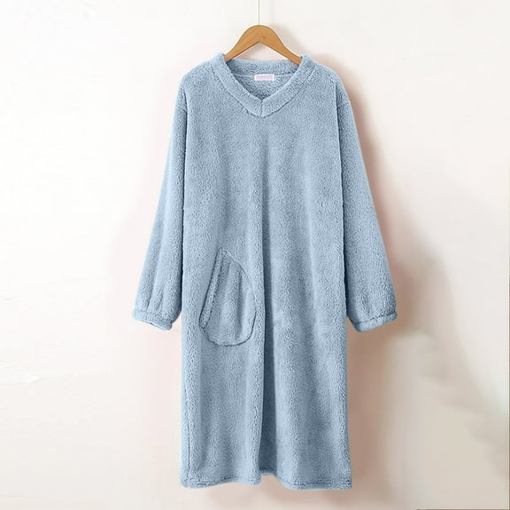 BLTIBY Womens Fleece Robe Plush Long Sleeve V Neck Bathrobe with Pockets Warm Soft Pullover Bathrobes Fashion Comfortable Blue L