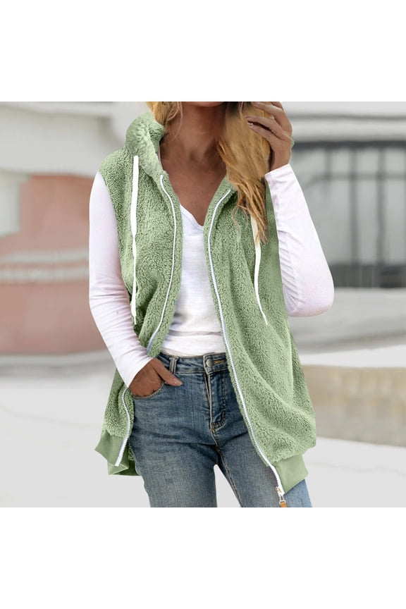 Womens Fuzzy Fleece Vest Hoodies Fall Winter Casual Sleeveless Fleece Drawstring Coat Warm Stylish Lightweight Zip Up Jacket Green M
