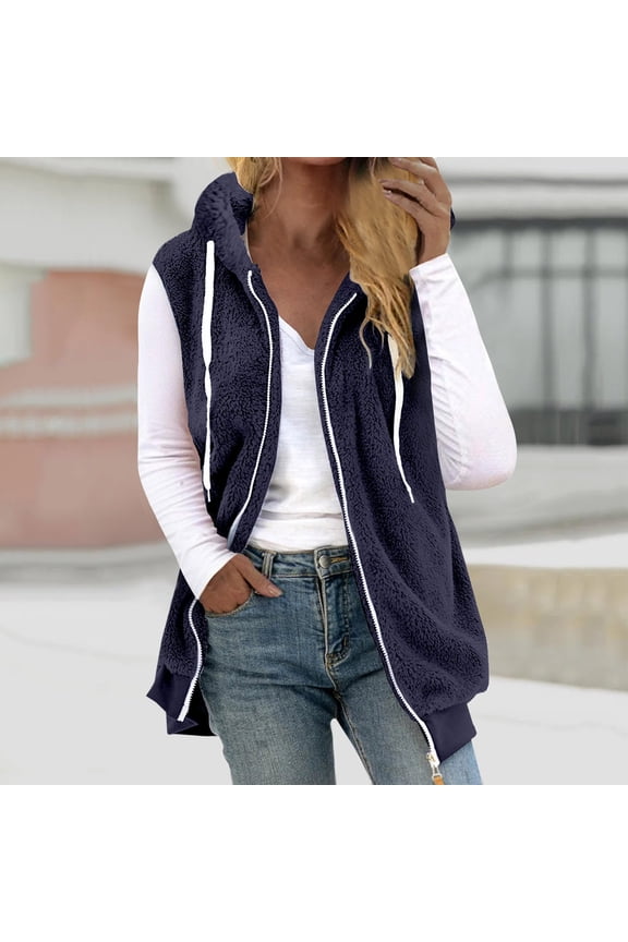 Womens Fuzzy Fleece Vest Hoodies Fall Winter Casual Sleeveless Fleece Drawstring Coat Warm Stylish Lightweight Zip Up Jacket Navy 4XL