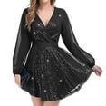 thumbnail image 1 of BLTIBY Womens Glitter Dress Wrap V Neck Mesh Long Sleeve Swing Club Cocktail Mini Dresses Sequin Sparkle Dress Christmas Dress Black XL, 1 of 9
