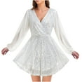 thumbnail image 1 of BLTIBY Womens Glitter Dress Wrap V Neck Mesh Long Sleeve Swing Club Cocktail Mini Dresses Sequin Sparkle Dress Christmas Dress White L, 1 of 6