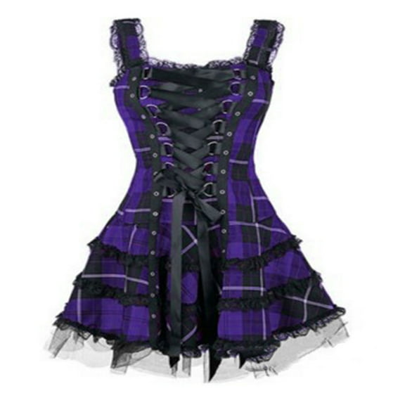 BLTIBY Womens Gothic Dress Halloween Renaissance Lace Plaid Printed Mesh Dresses Sleeveless Waist Lace Up Vintage Courtwear Purple XL
