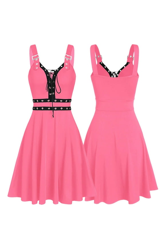 Womens Gothic Dress Halloween Renaissance Solid Color Punk Dresses Sleeveless Waist Lace Up Vintage Courtwear Pink S