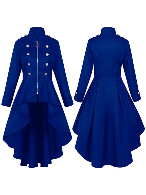 Womens Gothic Vintage Trench Jacket Winter Fall Solid Colour Button Steampunk Victorian Swallow Tail Fashion Y2K Long Sleeve Coat Blue M
