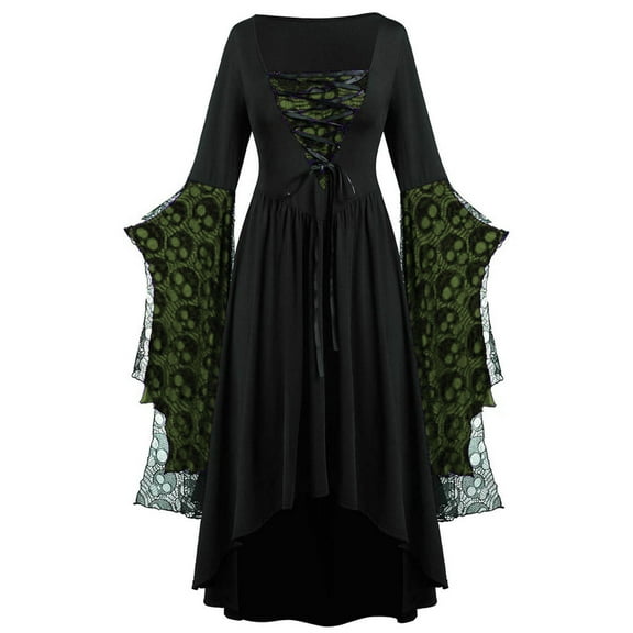 BLTIBY Womens Gowns Dress Halloween Renaissance Victorian Gothic Lace Dresses Bat Sleeve Waist Lace Up Retro Courtwear Army Green S