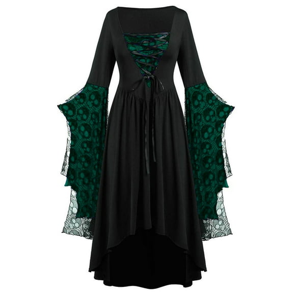 BLTIBY Womens Gowns Dress Halloween Renaissance Victorian Gothic Lace Dresses Bat Sleeve Waist Lace Up Retro Courtwear Green 3XL
