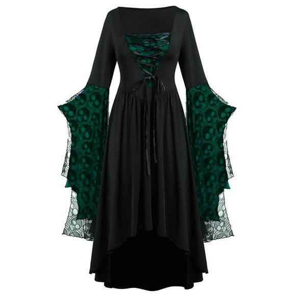 BLTIBY Womens Gowns Dress Halloween Renaissance Victorian Gothic Lace Dresses Bat Sleeve Waist Lace Up Retro Courtwear Green S