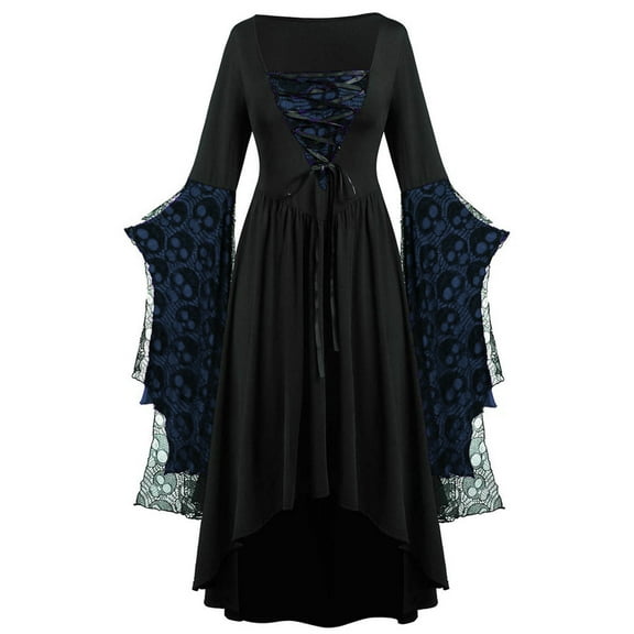 BLTIBY Womens Gowns Dress Halloween Renaissance Victorian Gothic Lace Dresses Bat Sleeve Waist Lace Up Retro Courtwear Navy 3XL