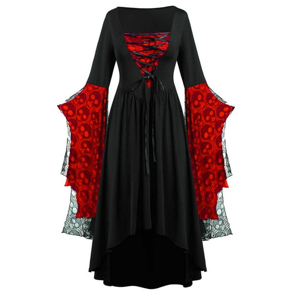 BLTIBY Womens Gowns Dress Halloween Renaissance Victorian Gothic Lace Dresses Bat Sleeve Waist Lace Up Retro Courtwear Red 4XL