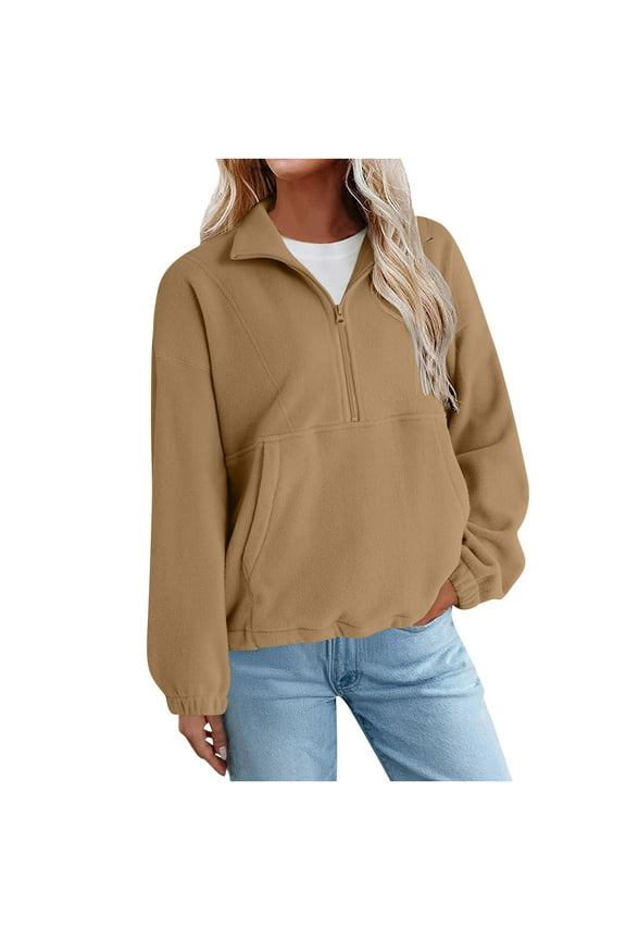 Womens Half Zip Up Sweatshirt Jacket Fall Solid Color Lapel Fleece Outwear Lightweight Comfortable Pullover Coat with Pockets Khaki S