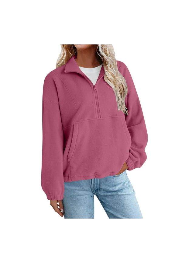 Womens Half Zip Up Sweatshirt Jacket Fall Solid Color Lapel Fleece Outwear Lightweight Comfortable Pullover Coat with Pockets Pink XXL
