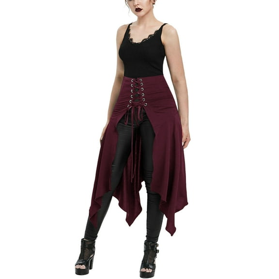 BLTIBY Womens Halloween Half Skirt High Waist Solid Color Drawstring Dress Steampunk Gothic Irregular Skirts Wine L