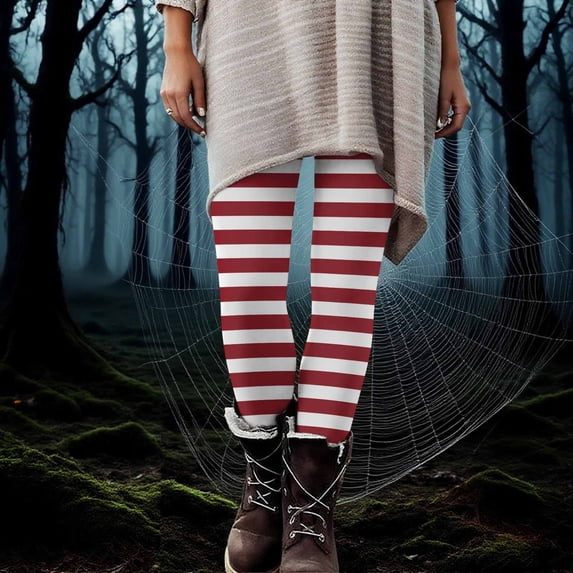 BLTIBY Womens Halloween Legging High Waist Stretch Striped Printed Halloween Costume Tights Fashion Bottom Pants Red L