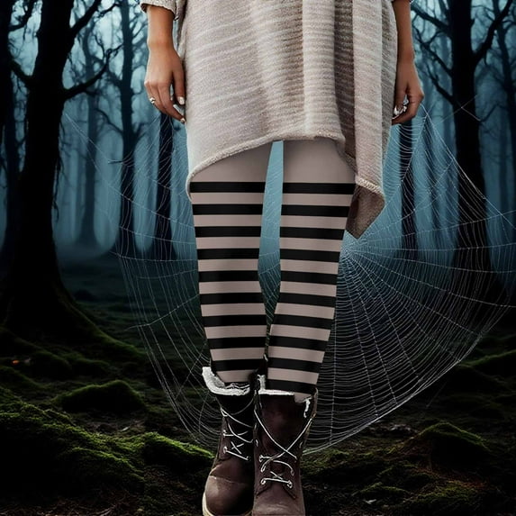BLTIBY Womens Halloween Legging High Waist Stretch Striped Printed Halloween Costume Tights Fashion Casual Bottom Yoga Pants Khaki XXL