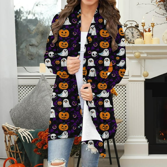 BLTIBY Womens Halloween Long Sleeve Cardigan Printed Fall Open Front Comfort Fashion Casual Medium Length Jackets Tops Multicolor 13 XXL