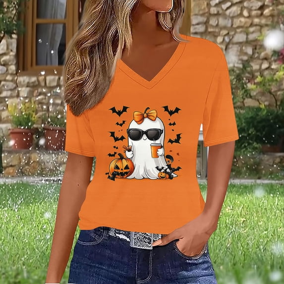 BLTIBY Womens Halloween Shirts V Neck Short Sleeve Tees Funny Printed Tops Casual Fashion Pullover Blouse Orange 2 S