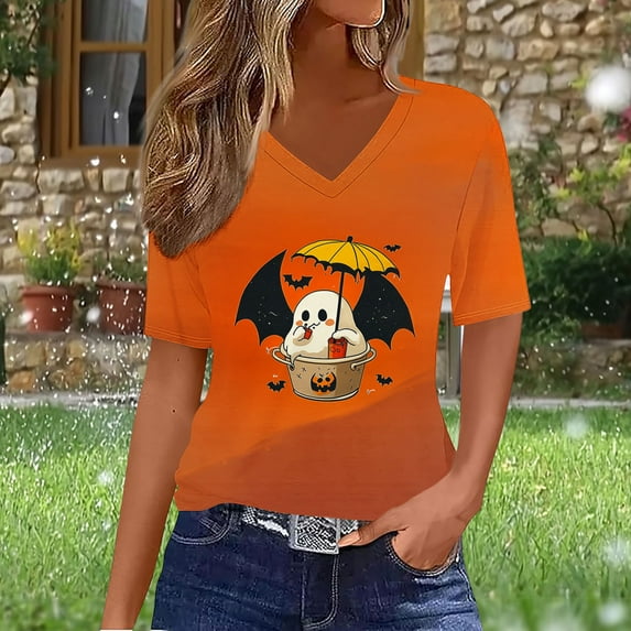 BLTIBY Womens Halloween Shirts V Neck Short Sleeve Tees Funny Printed Tops Casual Fashion Pullover Blouse Orange XXL