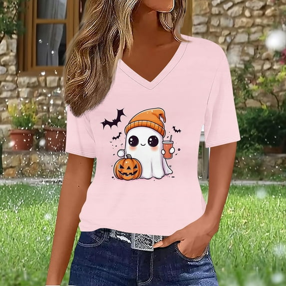 BLTIBY Womens Halloween Shirts V Neck Short Sleeve Tees Funny Printed Tops Casual Fashion Pullover Blouse Pink 3XL