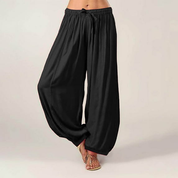 BLTIBY Womens Harem Pants Solid Colour Elastic Waist Drawstring High Waist Yoga Boho Trousers Fashion Casual Black 3XL