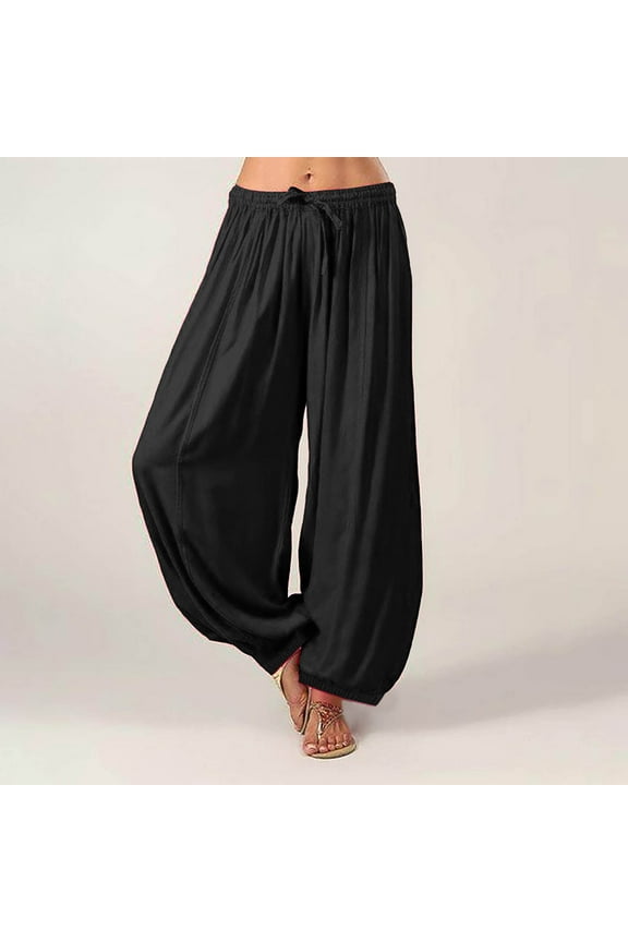 Womens Harem Pants Solid Colour Elastic Waist Drawstring High Waist Yoga Boho Trousers Fashion Casual Black XL